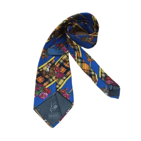 KENZO PARIS Blue Floral Equestrian Silk Tie ITALY 59"/ 4" EC - Picture 8 of 9